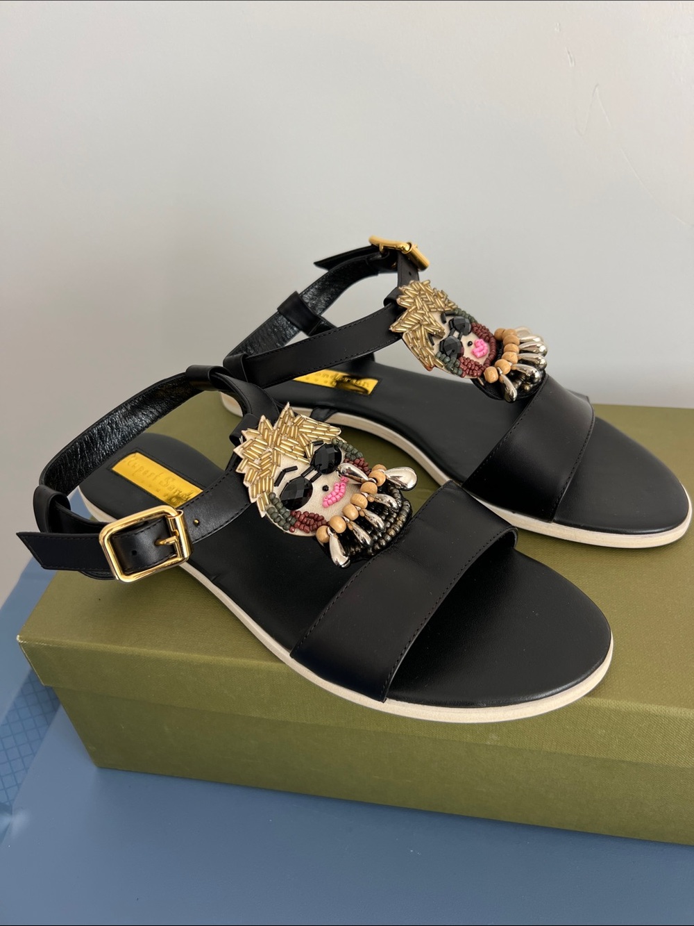 Rupert Sanderson cara frida kahlo black leather multicolored embroidered sandals